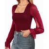 image:imageMANGOPOP Square Neck Long Sleeve Short Sleeve Bodysuit for Women Mesh Ruffle Sleeves Going Out Tops04 Long Sleeve Burgundy