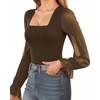 image:imageMANGOPOP Square Neck Long Sleeve Short Sleeve Bodysuit for Women Mesh Ruffle Sleeves Going Out Tops04 Long Sleeve Coffee