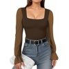 image:imageMANGOPOP Square Neck Long Sleeve Short Sleeve Bodysuit for Women Mesh Ruffle Sleeves Going Out Tops04 Long Sleeve Coffee