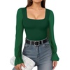 image:imageMANGOPOP Square Neck Long Sleeve Short Sleeve Bodysuit for Women Mesh Ruffle Sleeves Going Out Tops04 Long Sleeve Deep Green
