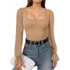 image:imageMANGOPOP Square Neck Long Sleeve Short Sleeve Bodysuit for Women Mesh Ruffle Sleeves Going Out Tops04 Long Sleeve Mocha