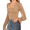 image:imageMANGOPOP Square Neck Long Sleeve Short Sleeve Bodysuit for Women Mesh Ruffle Sleeves Going Out Tops04 Long Sleeve Mocha