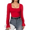 image:imageMANGOPOP Square Neck Long Sleeve Short Sleeve Bodysuit for Women Mesh Ruffle Sleeves Going Out Tops04 Long Sleeve Red