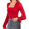 image:imageMANGOPOP Square Neck Long Sleeve Short Sleeve Bodysuit for Women Mesh Ruffle Sleeves Going Out Tops04 Long Sleeve Red
