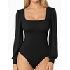 image:imageMANGOPOP Square Neck Puff Sleeve Bodysuit Loose Lantern Long Sleeve Body Suit for Women for Going Out01 Black
