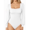 image:imageMANGOPOP Square Neck Puff Sleeve Bodysuit Loose Lantern Long Sleeve Body Suit for Women for Going Out02 White