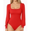 image:imageMANGOPOP Square Neck Puff Sleeve Bodysuit Loose Lantern Long Sleeve Body Suit for Women for Going Out03 Red