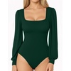 image:imageMANGOPOP Square Neck Puff Sleeve Bodysuit Loose Lantern Long Sleeve Body Suit for Women for Going Out04 Deep Green