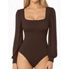 image:imageMANGOPOP Square Neck Puff Sleeve Bodysuit Loose Lantern Long Sleeve Body Suit for Women for Going OutCoffee