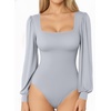 image:imageMANGOPOP Square Neck Puff Sleeve Bodysuit Loose Lantern Long Sleeve Body Suit for Women for Going OutElephant Grey