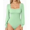 image:imageMANGOPOP Square Neck Puff Sleeve Bodysuit Loose Lantern Long Sleeve Body Suit for Women for Going OutFern Green