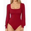 image:imageMANGOPOP Square Neck Puff Sleeve Bodysuit Loose Lantern Long Sleeve Body Suit for Women for Going OutWine Red