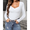 image:imageMANGOPOP Sweetheart V Neck Bodysuits for Women Long Short Sleeve Body Suits Tops ShirtC2 Fleece Lined White