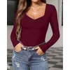 image:imageMANGOPOP Sweetheart V Neck Bodysuits for Women Long Short Sleeve Body Suits Tops ShirtF1 Fleece Lined Burgundy