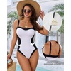 image:imageMANGOPOP Women One Piece Swimsuit Tummy Control Slimming Swim Suits Color Block Bathing Suit 2026 Beach Vacation SwimwearWhite