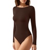 image:imageMANGOPOP Womens Backless Long Sleeve Bodysuit Boat Neck Y2K Body Suit Open Back Sexy Fall Basic TopCoffee