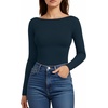 image:imageMANGOPOP Womens Backless Long Sleeve Bodysuit Boat Neck Y2K Body Suit Open Back Sexy Fall Basic TopDeep Blue