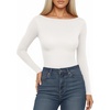 image:imageMANGOPOP Womens Boat Neck Long Sleeve Bodysuit Basic Thong Body Suit Fall Going Out Tops 202502 White