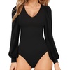 image:imageMANGOPOP Womens Bodysuit Long Sleeve V Neck Body Suit for Women Puff Sleeve Ribbed Bodysuits Shirts01 Black