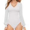 image:imageMANGOPOP Womens Bodysuit Long Sleeve V Neck Body Suit for Women Puff Sleeve Ribbed Bodysuits Shirts02 White