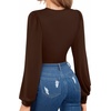 image:imageMANGOPOP Womens Bodysuit Long Sleeve V Neck Body Suit for Women Puff Sleeve Ribbed Bodysuits ShirtsCoffee