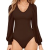 image:imageMANGOPOP Womens Bodysuit Long Sleeve V Neck Body Suit for Women Puff Sleeve Ribbed Bodysuits ShirtsCoffee