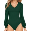 image:imageMANGOPOP Womens Bodysuit Long Sleeve V Neck Body Suit for Women Puff Sleeve Ribbed Bodysuits ShirtsDeep Green