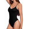 image:imageMANGOPOP Womens Cami Thong Bodysuit Double Lined Plunge Deep V Neck Backless Body Suit Adjustable Spaghetti Strap Tank TopsA01 Black