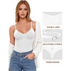 image:imageMANGOPOP Womens Cami Thong Bodysuit Double Lined Plunge Deep V Neck Backless Body Suit Adjustable Spaghetti Strap Tank TopsA02 White
