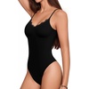 image:imageMANGOPOP Womens Cami Thong Bodysuit Double Lined Plunge Deep V Neck Backless Body Suit Adjustable Spaghetti Strap Tank TopsB01 Lace Black
