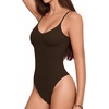 image:imageMANGOPOP Womens Cami Thong Bodysuit Double Lined Plunge Deep V Neck Backless Body Suit Adjustable Spaghetti Strap Tank TopsCoffee