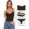 image:imageMANGOPOP Womens Cami Thong Bodysuit Double Lined Plunge Deep V Neck Backless Body Suit Adjustable Spaghetti Strap Tank TopsCoffee