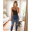 image:imageMANGOPOP Womens Cami Thong Bodysuit Double Lined Plunge Deep V Neck Backless Body Suit Adjustable Spaghetti Strap Tank TopsCoffee