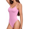 image:imageMANGOPOP Womens Cami Thong Bodysuit Double Lined Plunge Deep V Neck Backless Body Suit Adjustable Spaghetti Strap Tank TopsLace Pink