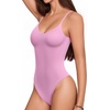 image:imageMANGOPOP Womens Cami Thong Bodysuit Double Lined Plunge Deep V Neck Backless Body Suit Adjustable Spaghetti Strap Tank TopsPink