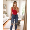 image:imageMANGOPOP Womens Cami Thong Bodysuit Double Lined Plunge Deep V Neck Backless Body Suit Adjustable Spaghetti Strap Tank TopsRed