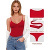 image:imageMANGOPOP Womens Cami Thong Bodysuit Double Lined Plunge Deep V Neck Backless Body Suit Adjustable Spaghetti Strap Tank TopsRed