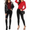 image:imageMANGOPOP Womens Crew Neck Short Sleeve Bodysuit Long Sleeve Body Suit T Shirts Basic Slim Fitted TopsC3 Fleece Lined Red