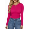 image:imageMANGOPOP Womens Crew Neck Short Sleeve Bodysuit Long Sleeve Body Suit T Shirts Basic Slim Fitted TopsE11 Long Sleeve Rose Pink