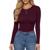 image:imageMANGOPOP Womens Crew Neck Short Sleeve Bodysuit Long Sleeve Body Suit T Shirts Basic Slim Fitted TopsE2 Long Sleeve Burgundy