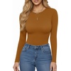 image:imageMANGOPOP Womens Crew Neck Short Sleeve Bodysuit Long Sleeve Body Suit T Shirts Basic Slim Fitted TopsE4 Long Sleeve Camel