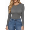 image:imageMANGOPOP Womens Crew Neck Short Sleeve Bodysuit Long Sleeve Body Suit T Shirts Basic Slim Fitted TopsE5 Long Sleeve Dark Grey