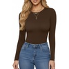 image:imageMANGOPOP Womens Crew Neck Short Sleeve Bodysuit Long Sleeve Body Suit T Shirts Basic Slim Fitted TopsE7 Long Sleeve Coffee