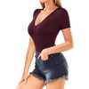 image:imageMANGOPOP Womens Cross Wrap Ruched Plunge Neck Deep V Long Sleeve Short Sleeve BodysuitsA Short Sleeve Burgundy
