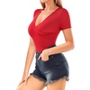image:imageMANGOPOP Womens Cross Wrap Ruched Plunge Neck Deep V Long Sleeve Short Sleeve BodysuitsA Short Sleeve Red