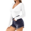image:imageMANGOPOP Womens Cross Wrap Ruched Plunge Neck Deep V Long Sleeve Short Sleeve BodysuitsB02 Long Sleeve White