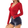 image:imageMANGOPOP Womens Cross Wrap Ruched Plunge Neck Deep V Long Sleeve Short Sleeve BodysuitsC Long Sleeve Redfleece Lined