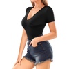 image:imageMANGOPOP Womens Cross Wrap Ruched Plunge Neck Deep V Long Sleeve Short Sleeve BodysuitsC01 Short Sleeve Black