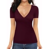 image:imageMANGOPOP Womens Cross Wrap Ruched Plunge Sexy Deep V Neck Slim Fit Short Sleeve T Shirt Tunic Tops TeeBurgundy