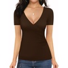image:imageMANGOPOP Womens Cross Wrap Ruched Plunge Sexy Deep V Neck Slim Fit Short Sleeve T Shirt Tunic Tops TeeCoffee